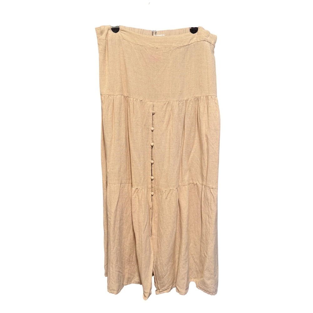Womens Tan Beige Tiered Button‎ Front Linen Blend Maxi Skirt Size XL Boho Summer